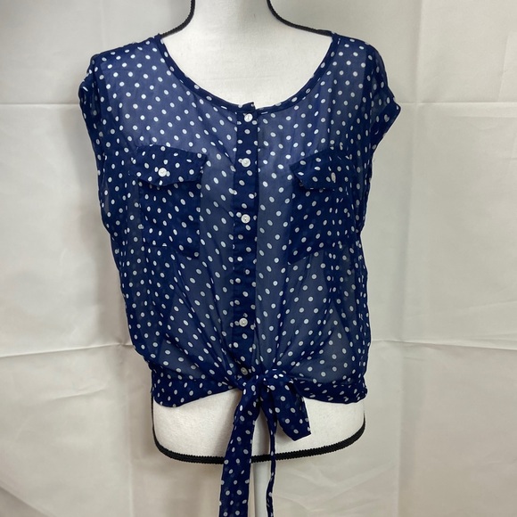 Glam Dollz Semi Sheer Polka Dot Top Navy White - Picture 2 of 9